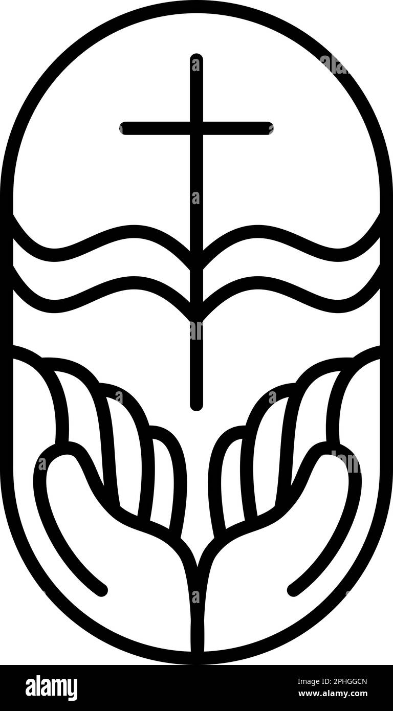 Croix de ligne de religion vectorielle, Bible de livre ouvert et mains dans l'église. Illustration d'icône de logo chrétien isolée. Jésus Christ sur le Calvaire est centre Illustration de Vecteur
