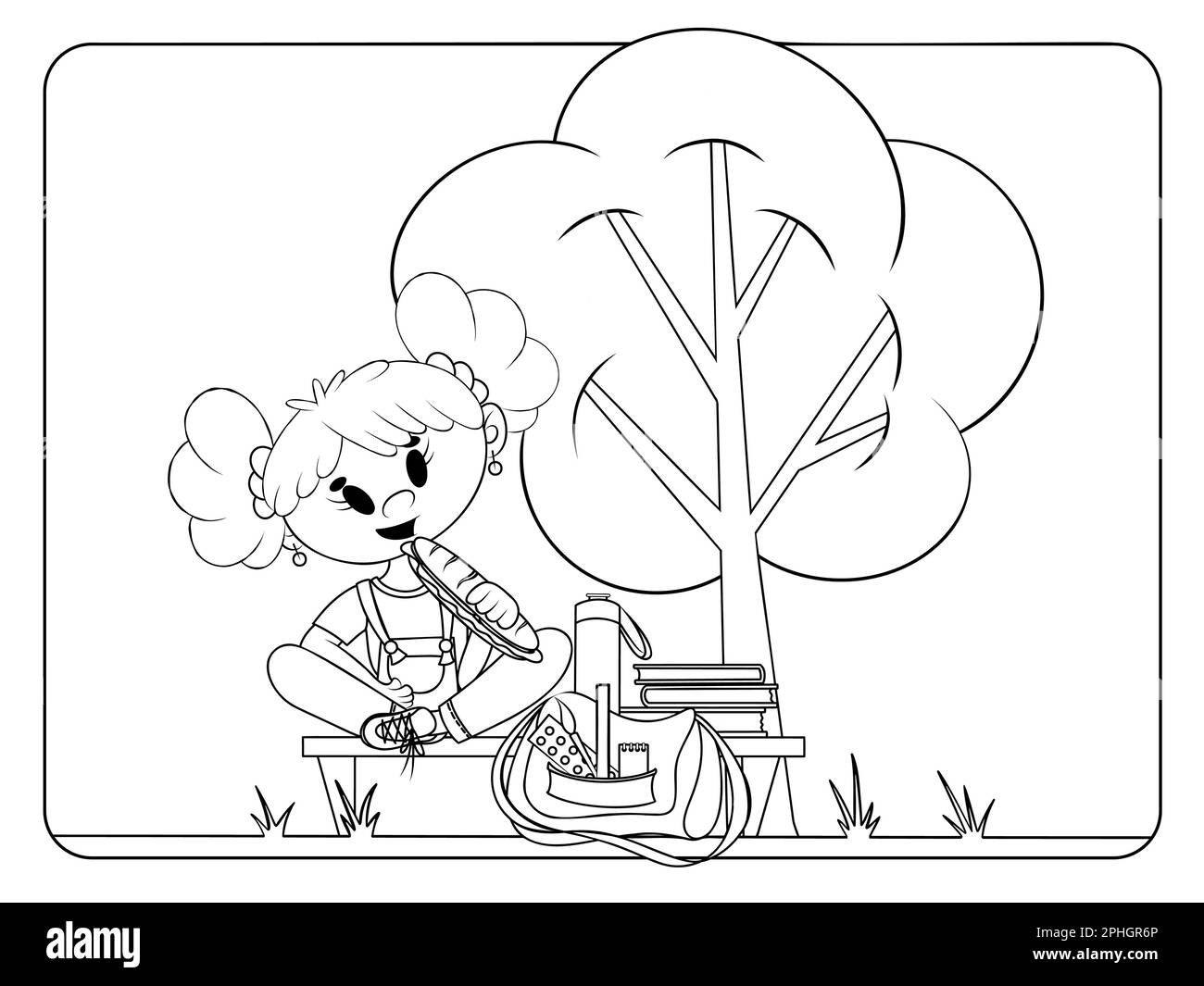 Heure du déjeuner à la page de coloriage de l'école. Fille mangeant dans la cour de l'école. Antistress pour adultes et enfants. Illustration de Vecteur