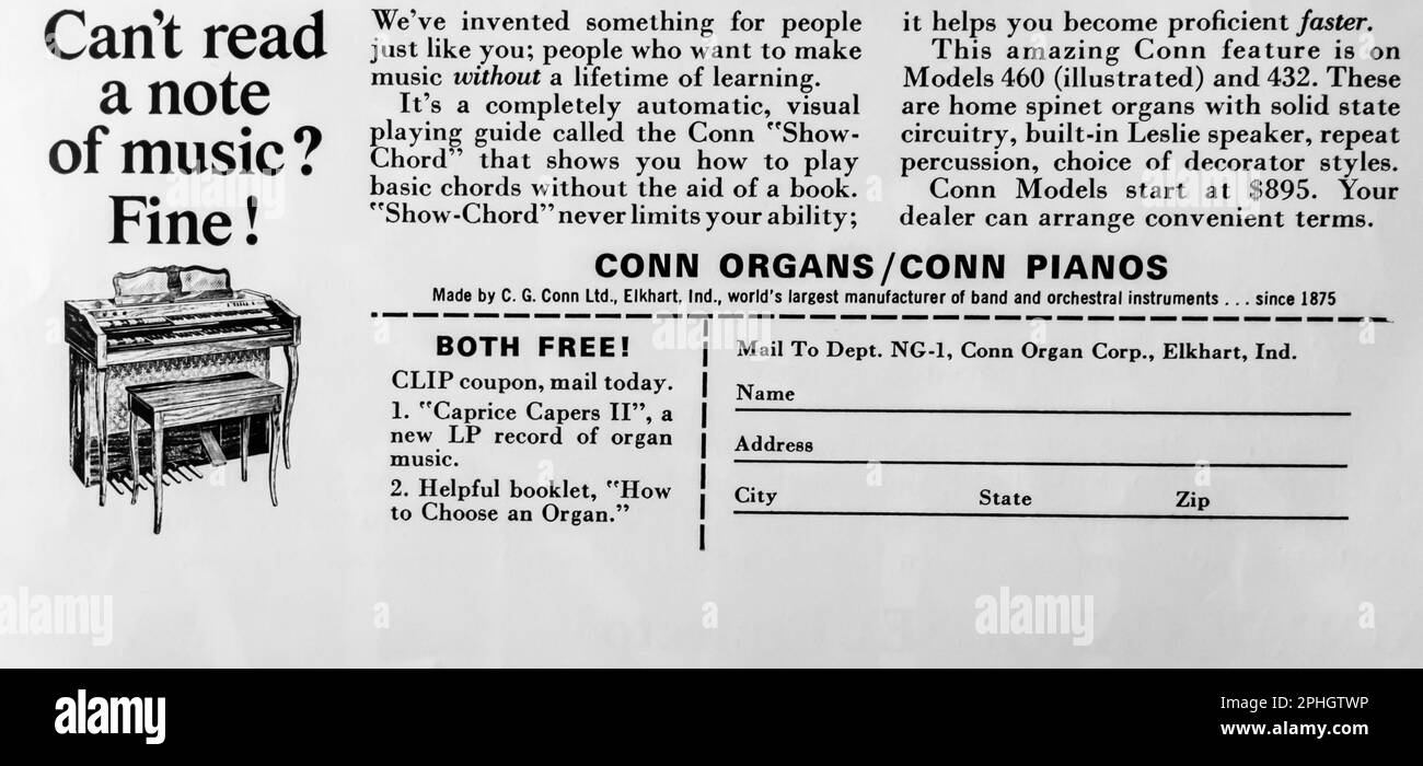 Conn Orgues, publicité pianos dans un magazine NatGeo septembre 1966 Banque D'Images