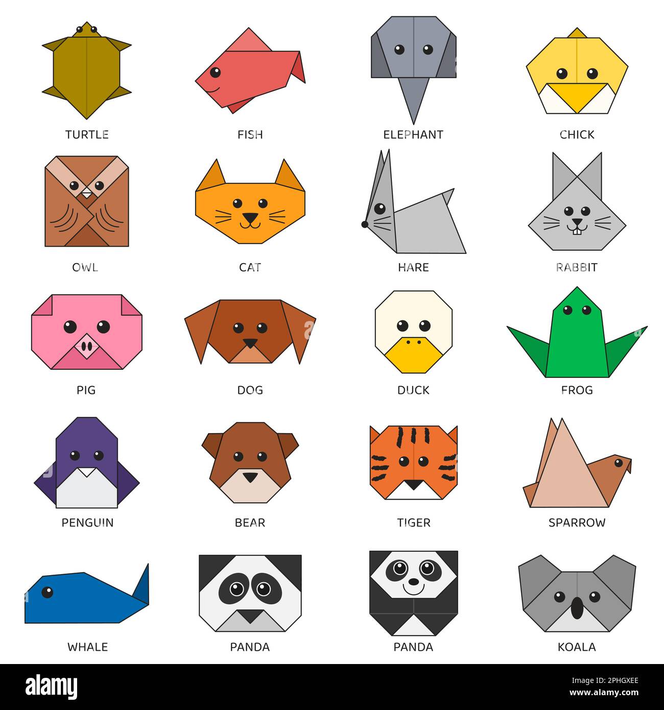 Ensemble vectoriel d'origami de différents animaux colorés. Illustration de Vecteur