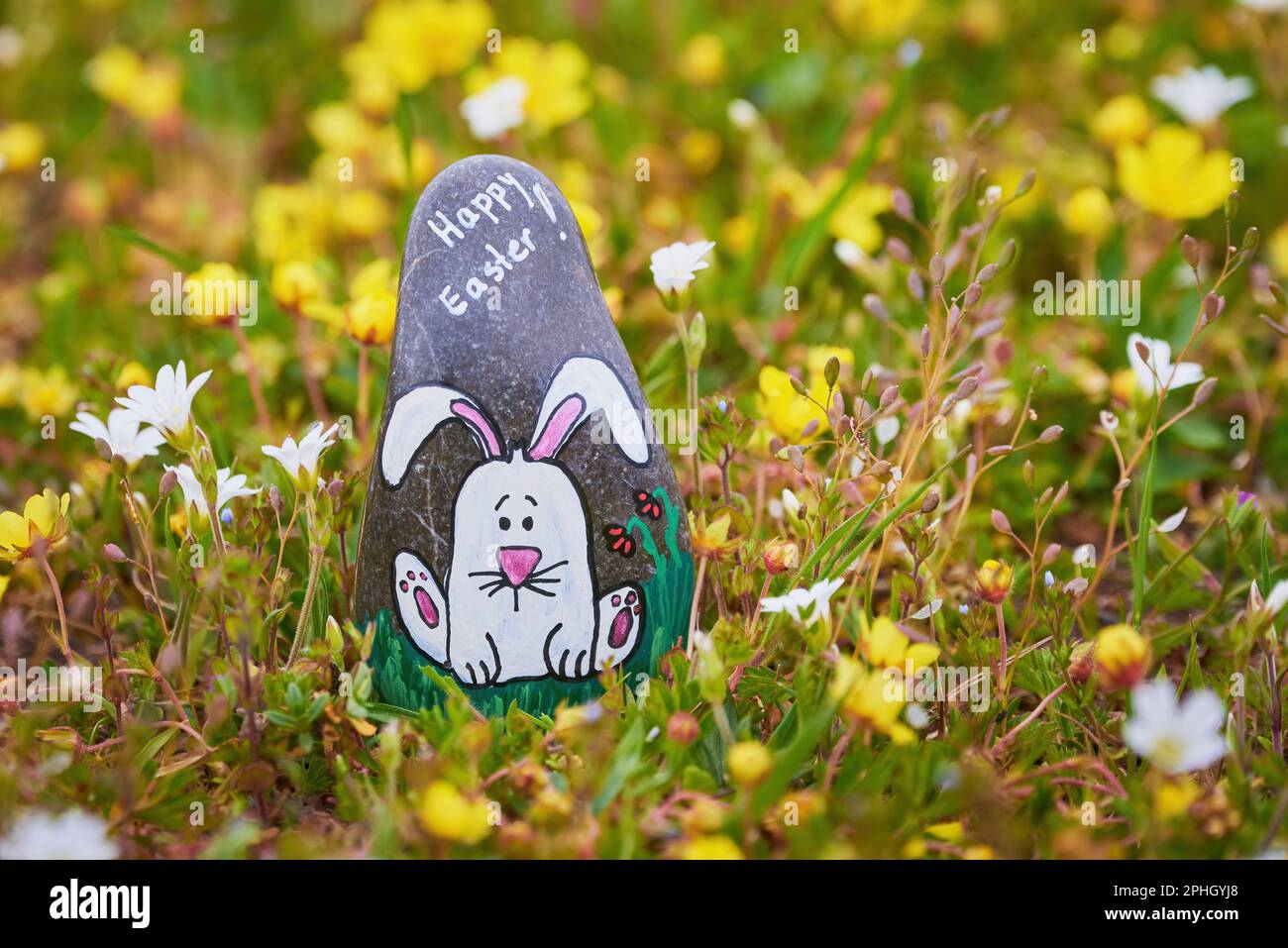 Lapin blanc peint sur un rocher sur un pré avec des fleurs. Joyeux texte de Pâques Banque D'Images