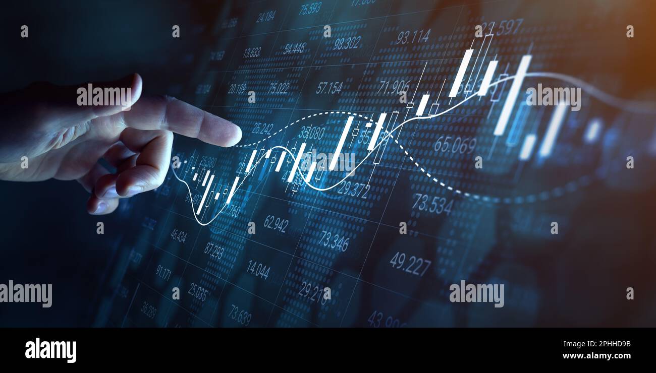 Interface graphique d'investissement financier et de négociation des marchés boursiers montrant l'évolution des prix des titres avec un diagramme de chandeliers et des courbes moyennes mobiles. Incrémentales Banque D'Images