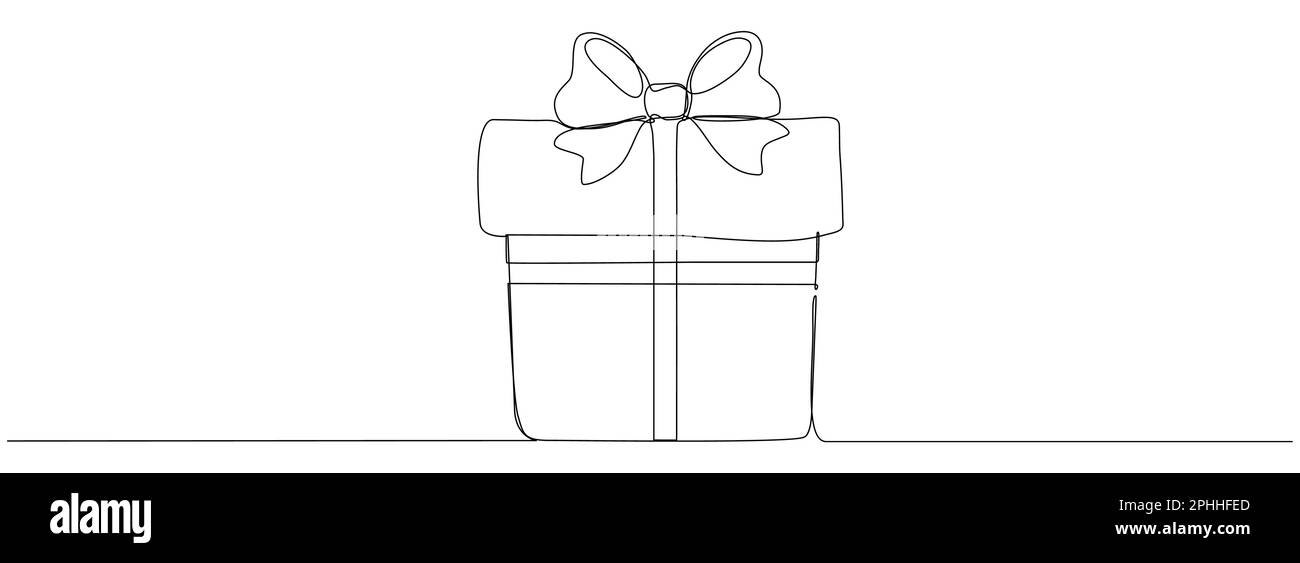 Boîte-cadeau dessin d'art continu. Une ligne présente avec un noeud en ruban. Vecteur isolé sur blanc. Illustration de Vecteur
