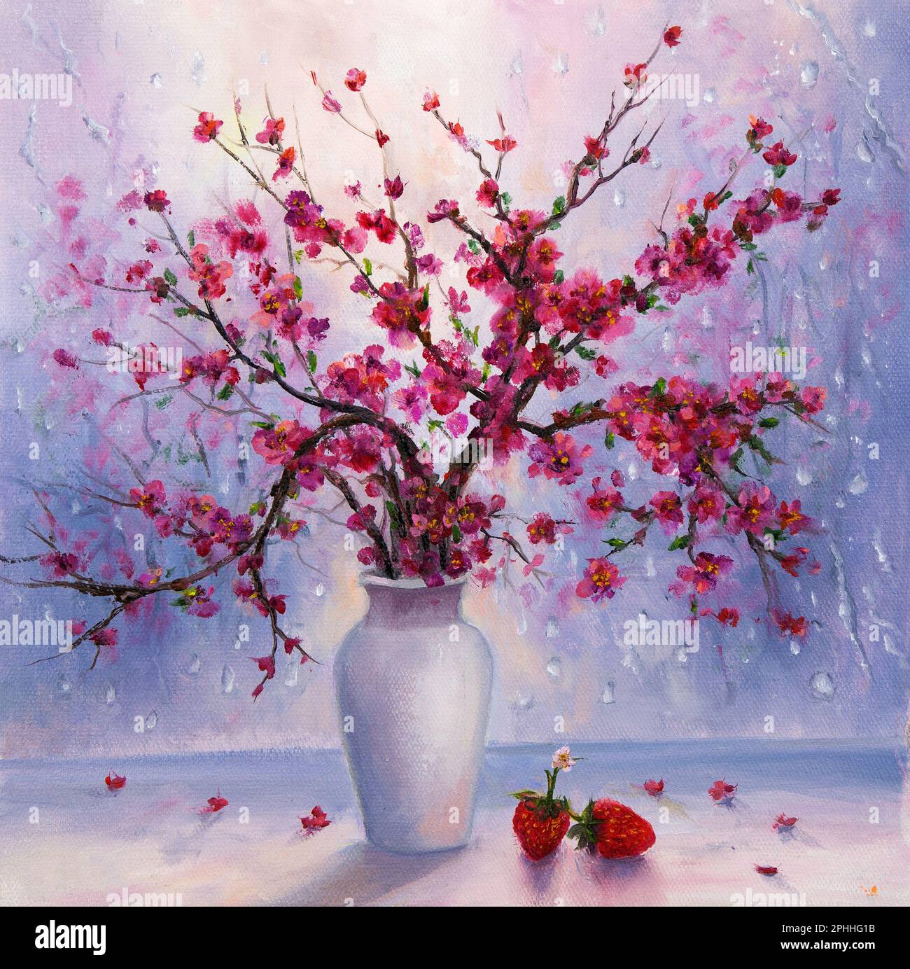 Peinture à l'huile originale d'un beau vase ou d'un bol de brunch japonais à la fleur de cerisier sur toile.Impressionnisme moderne, modernisme, marinisme Banque D'Images