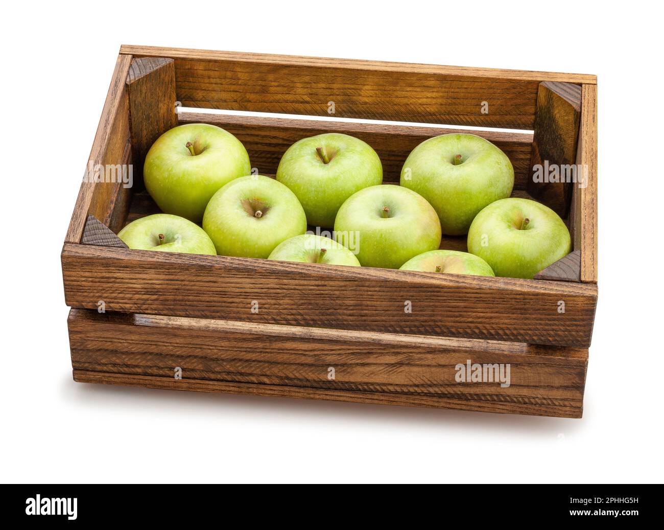 chemin de boîte de pommes vertes isolé sur blanc Banque D'Images