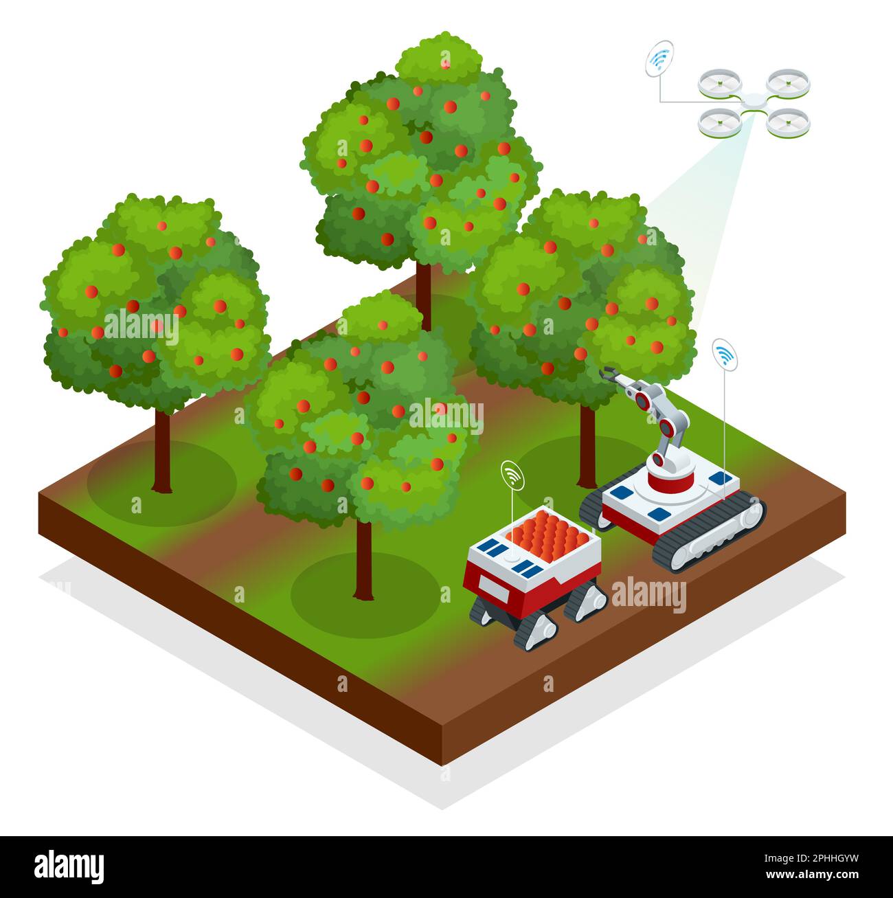Les robots guidés automatiques isométriques récoltent les fruits des arbres. Machines agricoles robots technologie mécanique de travail de bras. Illustration de Vecteur