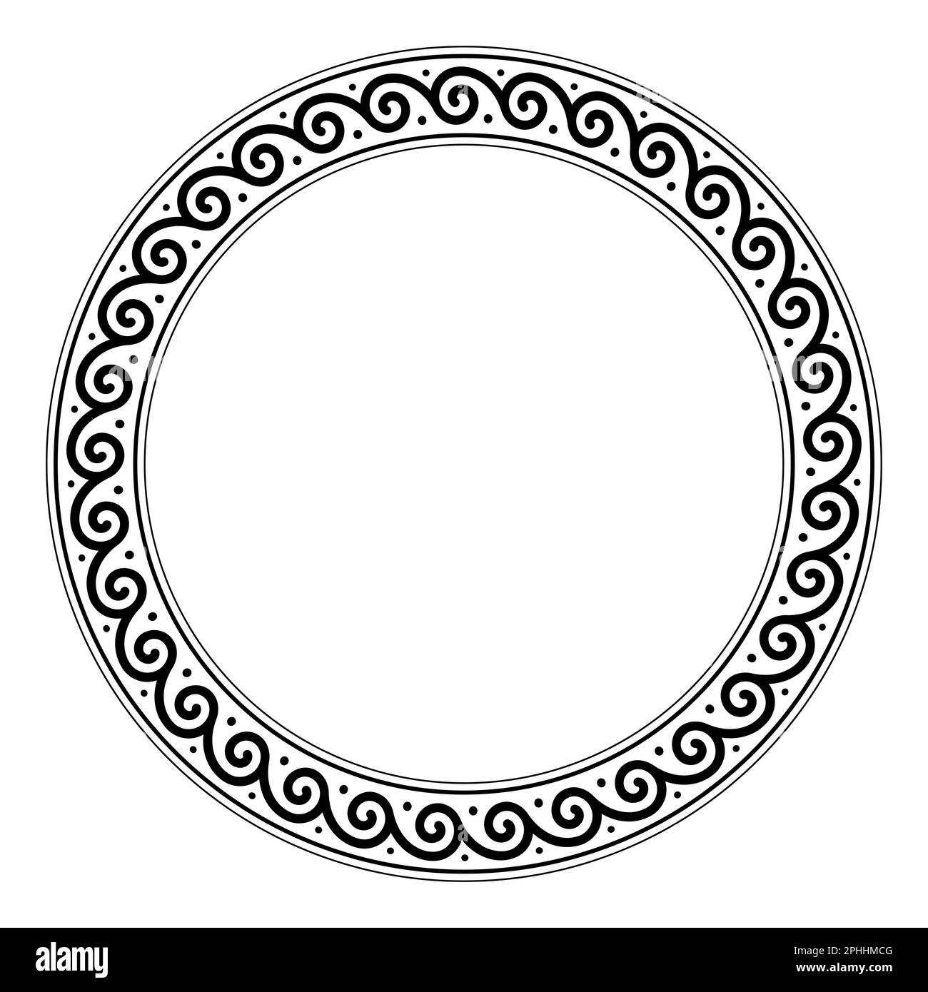 Répétition du motif en spirale, cadre en cercle. Bordure circulaire décorative avec spirales, reliées les unes aux autres dans une séquence sans fin. Motif grec ancien. Banque D'Images