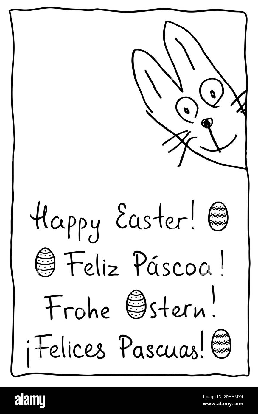 Vœux de Pâques dans différentes langues, écrit à la main en écriture simple. Joyeuses Pâques en anglais et d'autres en portugais, allemand, espagnol. Illustration de Vecteur