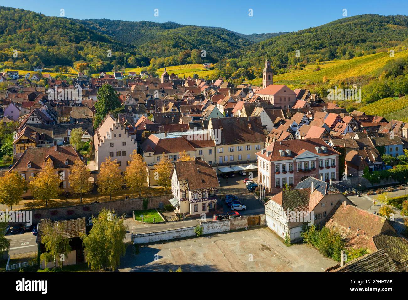 La vieille ville historique de Riquewihr est située au milieu de terrasses de vignobles et de collines en Alsace Banque D'Images