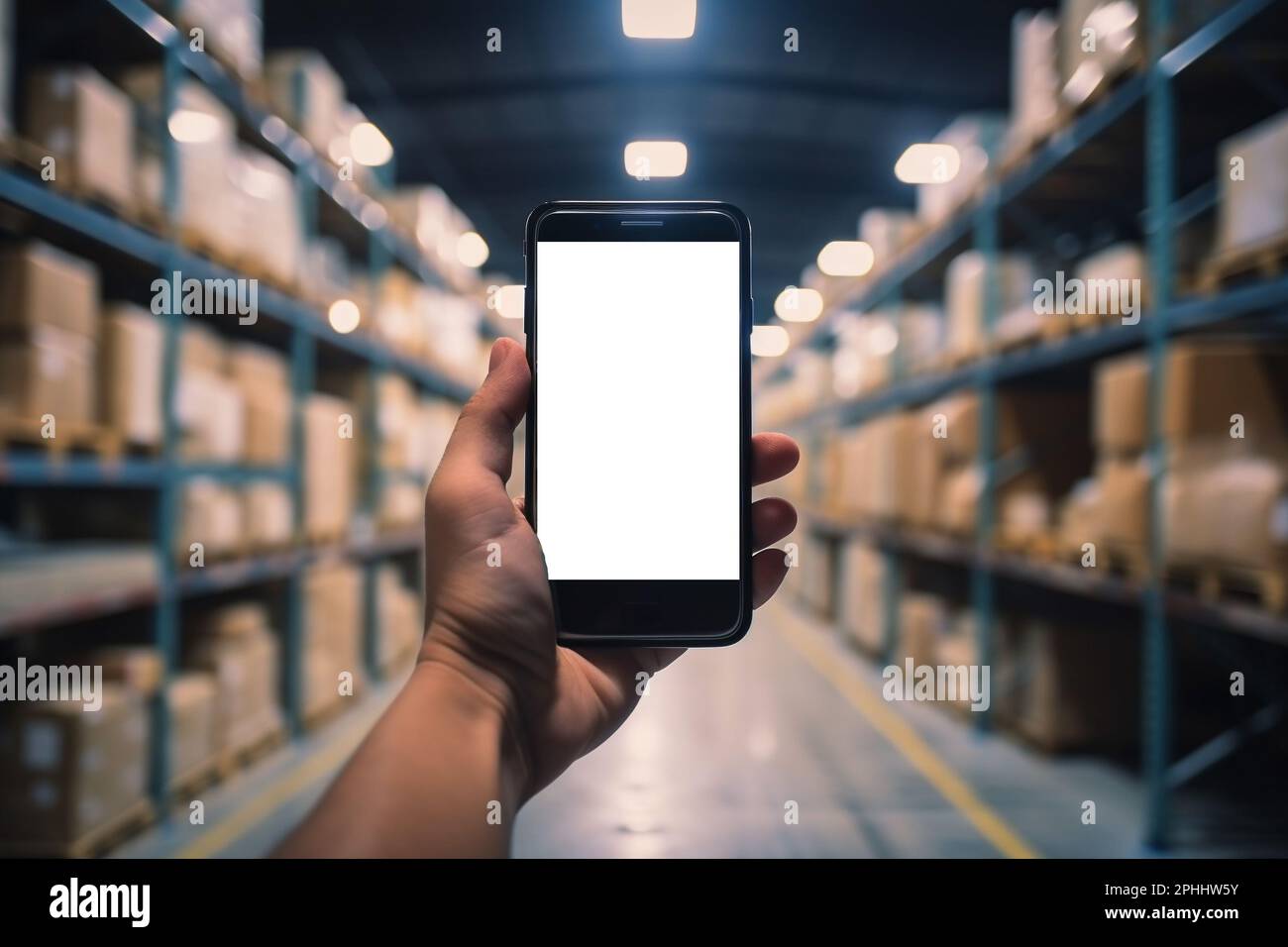 Entrepôt avec une main tenant un smartphone vide Banque D'Images