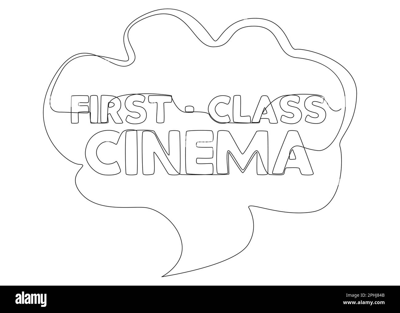 Une ligne continue de bulle vocale avec texte de première classe en cinéma. Concept de vecteur d'illustration à trait fin. Dessin de contour idées créatives. Illustration de Vecteur