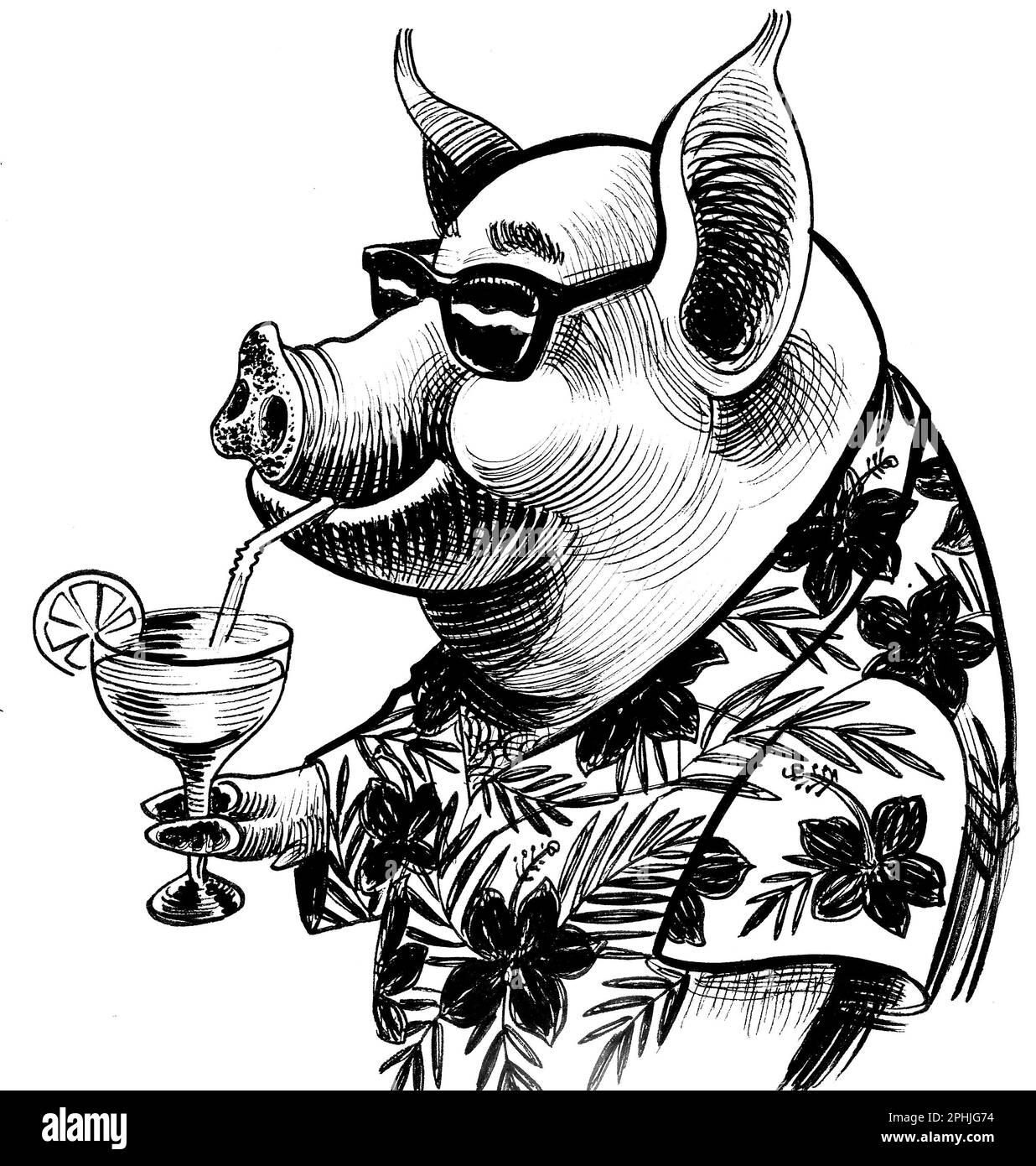 Cochon frais dans une chemise hawaïenne et des lunettes de soleil buvant un cocktail de Margarita. Dessin noir et blanc à l'encre dessinée à la main Banque D'Images