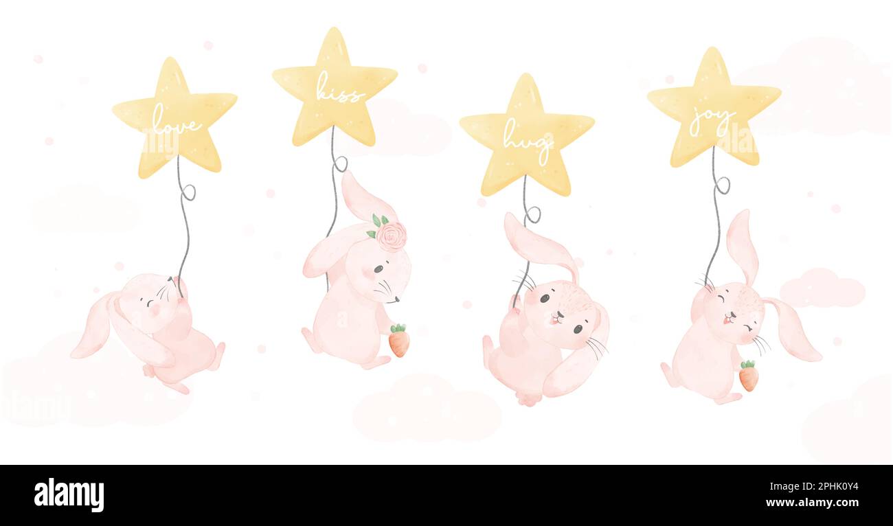 Adorable hibouin heureux bébé rose lapin rose volant avec la forme d'étoile ballon pépinière enfants aquarelle main peinture bannière Illustration de Vecteur