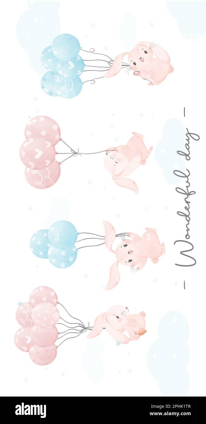 Adorable fantaisiste heureux bébé rose lapin volant avec des ballons pépinière enfants aquarelle main peinture bannière Illustration de Vecteur