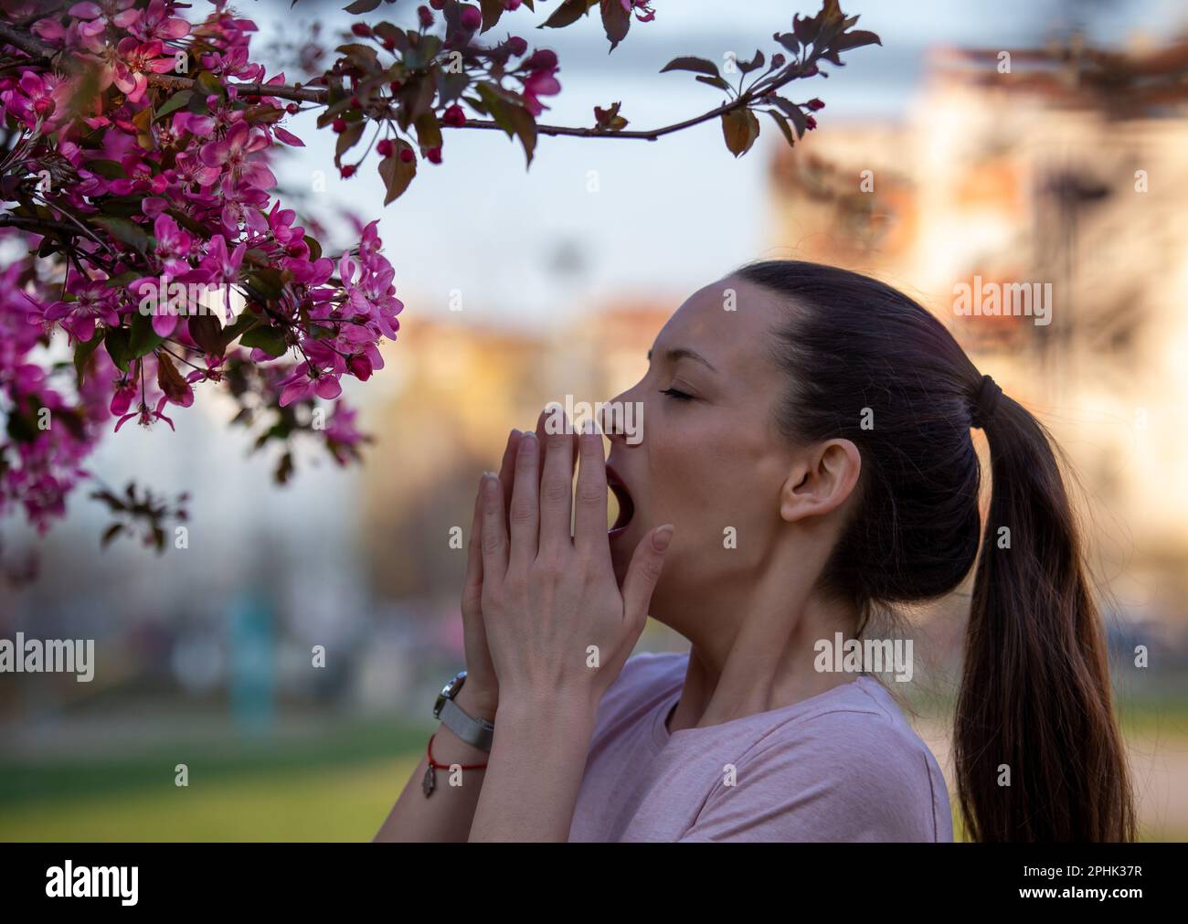 Jolie jeune femme ayant des symptômes d'énergie du pollen d'arbre en fleur au printemps, éternuant Banque D'Images