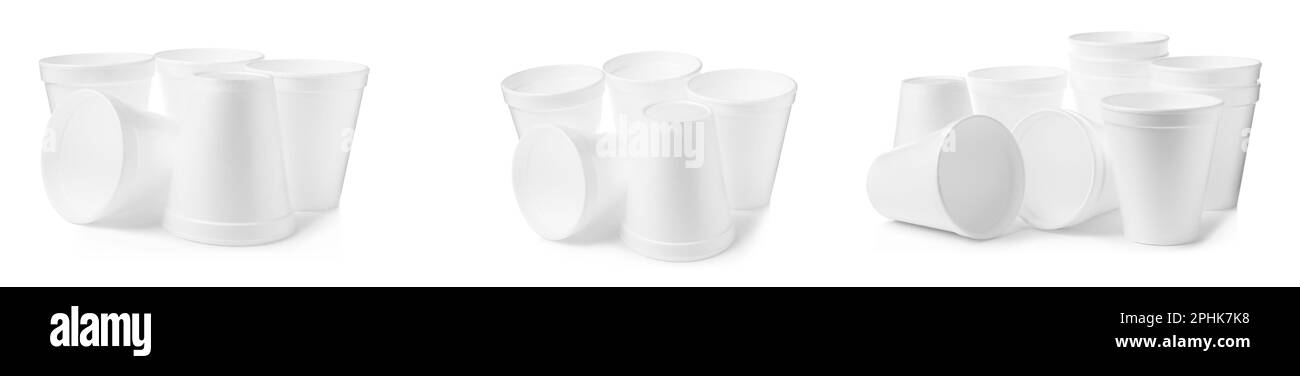 Set avec des tasses en mousse de polystyrène sur fond blanc. Bannière Banque D'Images