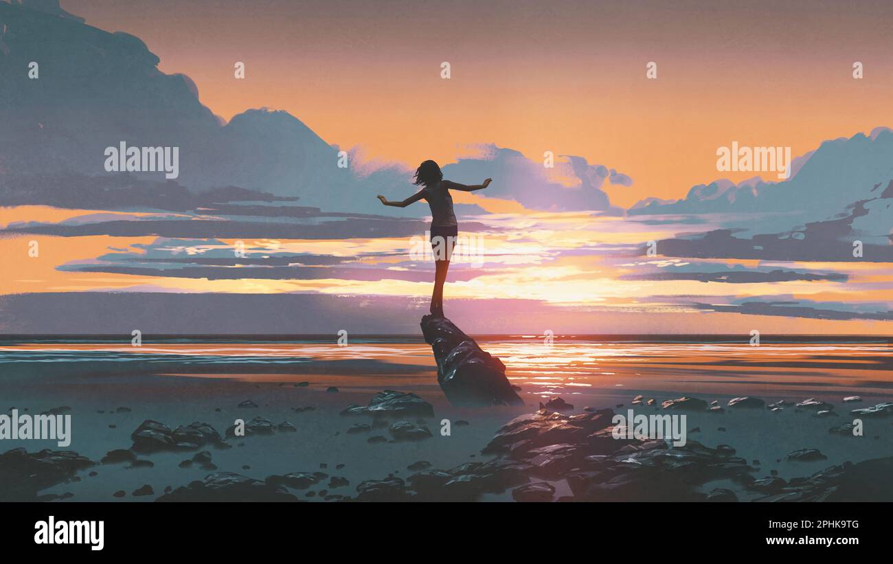 jeune oman se balançant sur le rocher sur la plage, style d'art numérique, peinture d'illustration Banque D'Images