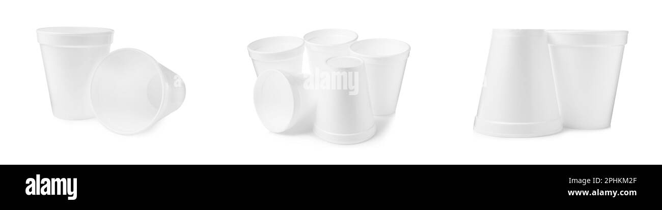 Set avec des tasses en mousse de polystyrène sur fond blanc. Bannière Banque D'Images