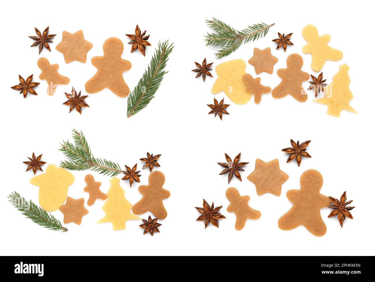 Décor avec biscuits de Noël non cuits, étoiles anis et brindilles de sapin sur fond blanc, vue du dessus Banque D'Images