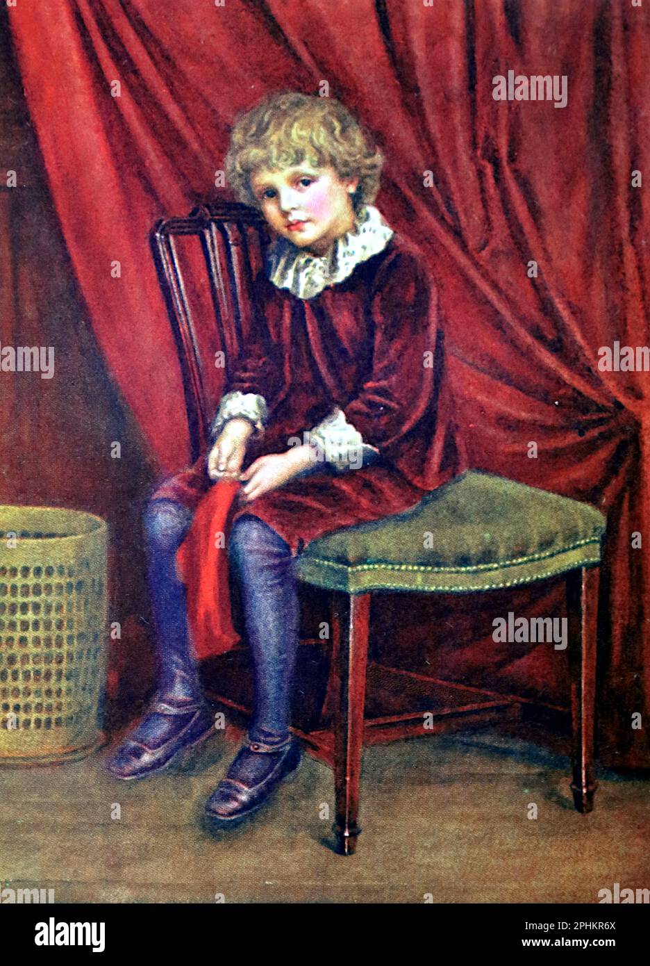 The Red Boy, enfant sur chaise, rideau rouge, du livre Kate Greenaway de M.H. Spielmann et G.S. Layard. Publié par Adam et Charles, 1905. Banque D'Images