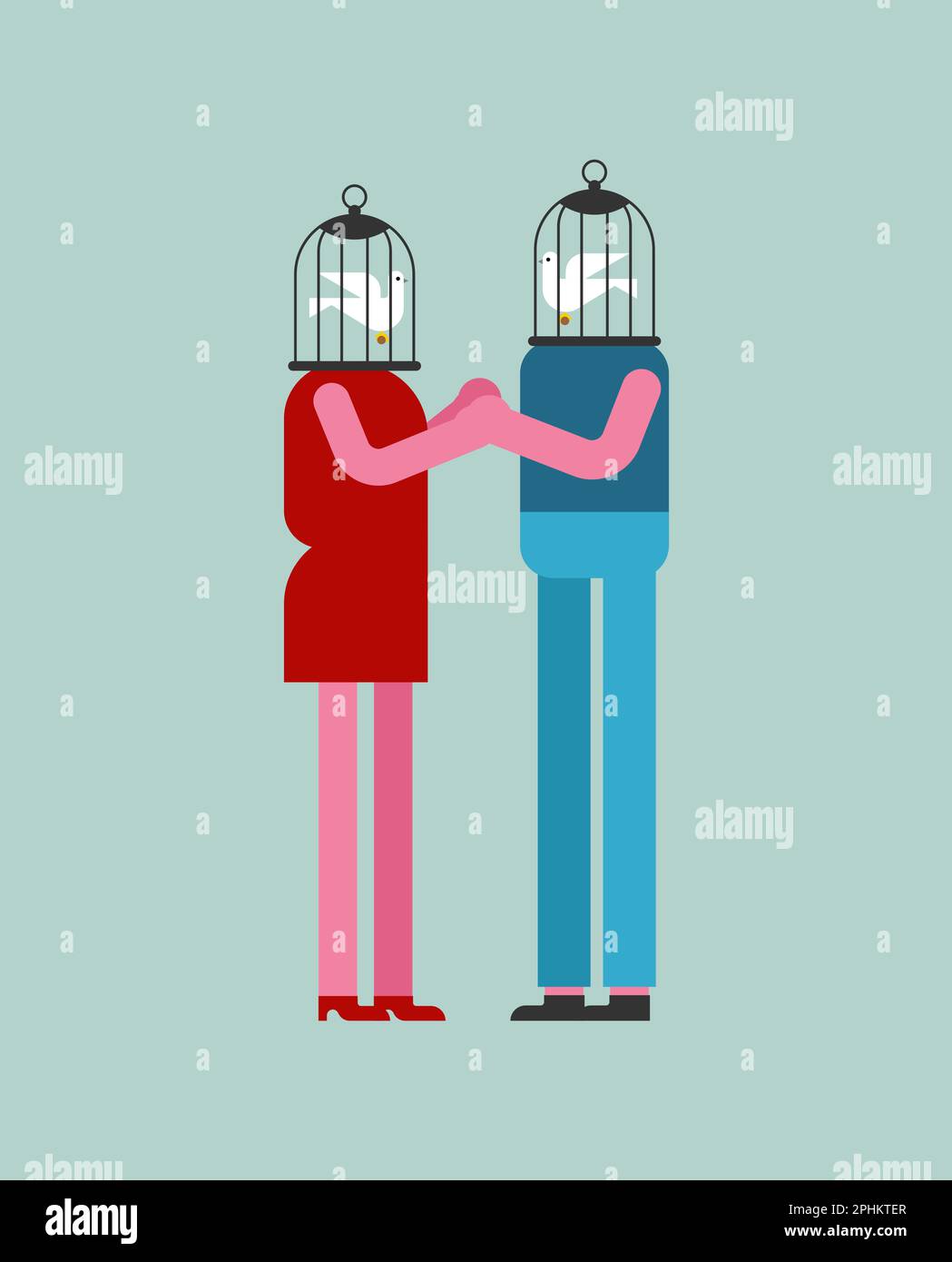 Les amoureux cage avec colombe au lieu de la tête. Concept d'amour collé Illustration de Vecteur