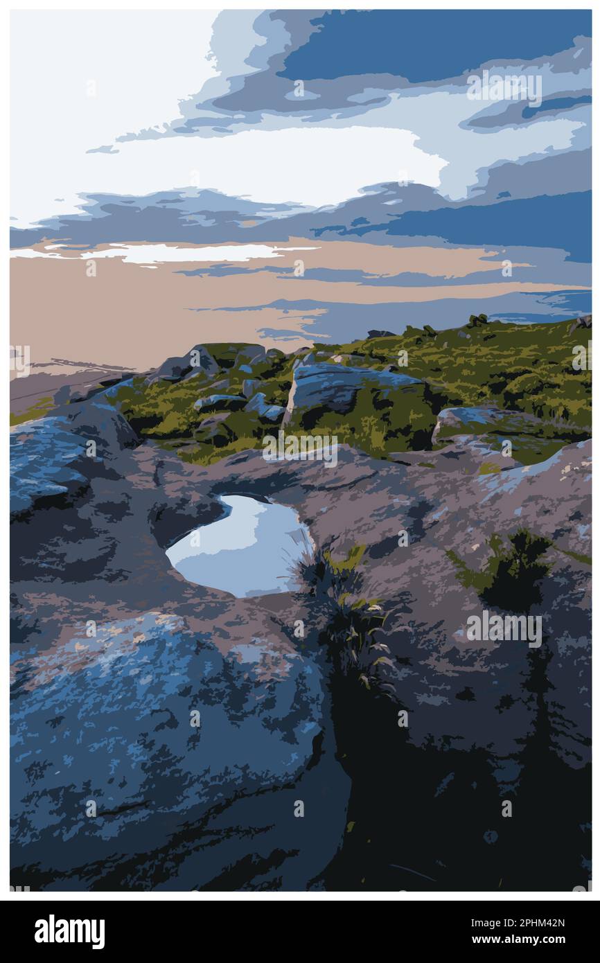 Poster rétro nostalgique du Peak District National Park, Angleterre, Royaume-Uni dans le style de Work Projects Administration. Illustration de Vecteur
