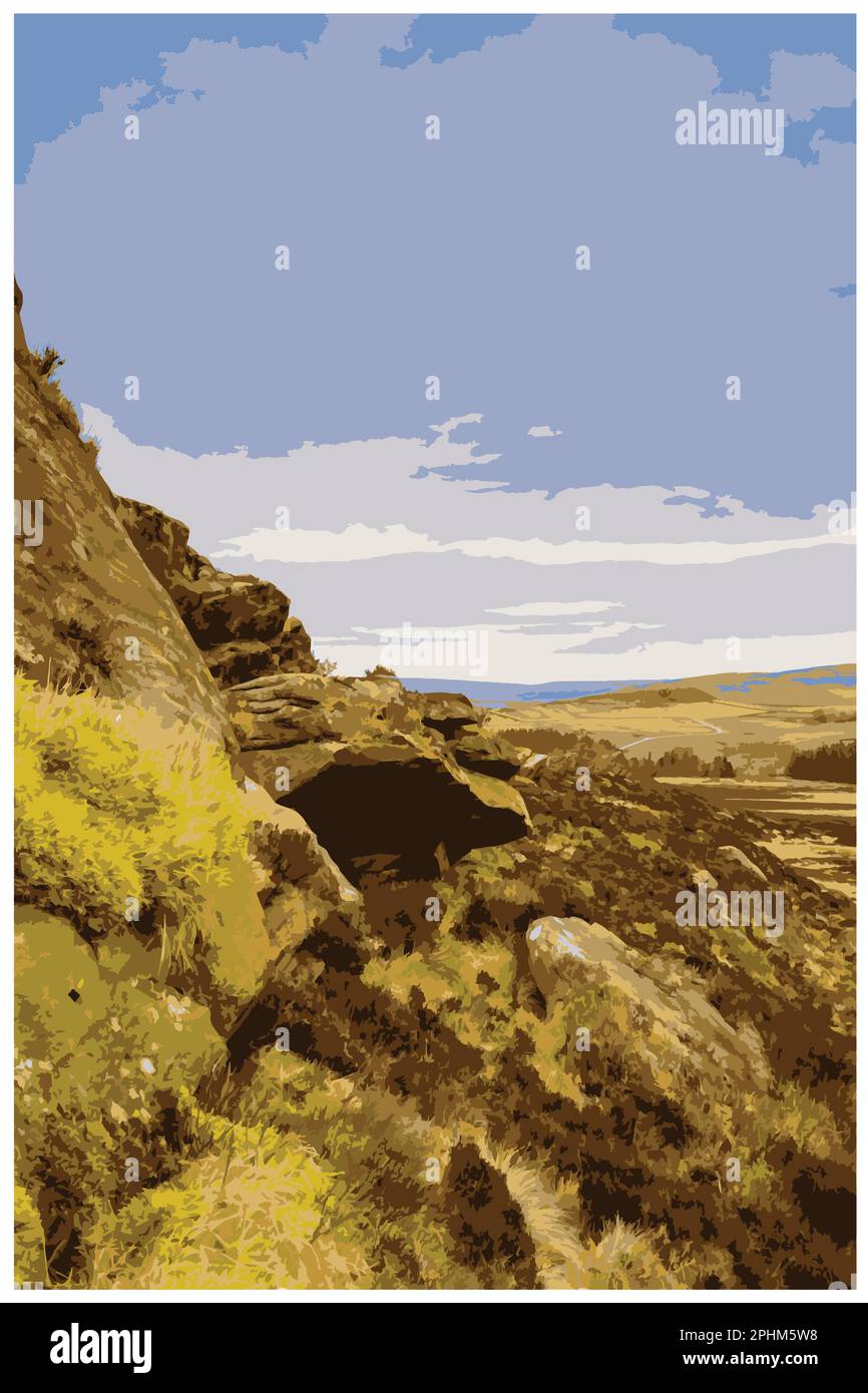 Poster rétro nostalgique du Peak District National Park, Angleterre, Royaume-Uni dans le style de Work Projects Administration. Illustration de Vecteur