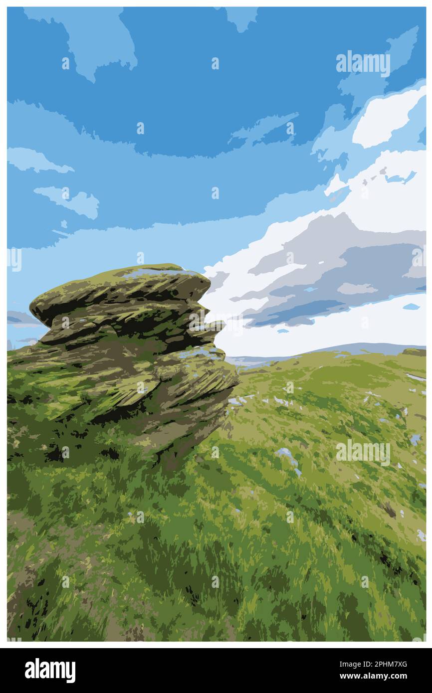 Poster rétro nostalgique du Peak District National Park, Angleterre, Royaume-Uni dans le style de Work Projects Administration. Illustration de Vecteur