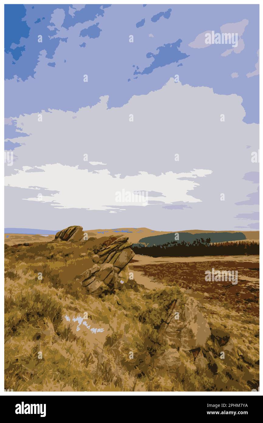 Poster rétro nostalgique du Peak District National Park, Angleterre, Royaume-Uni dans le style de Work Projects Administration. Illustration de Vecteur