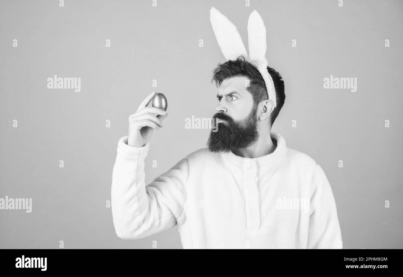 L'homme barbu est en forme d'oreilles de lapin silly. Concept de symbole Pâques. Hipster mignon lapin longues oreilles fond bleu. Lapin de Pâques. Amuse-toi bien. Lapin drôle Banque D'Images