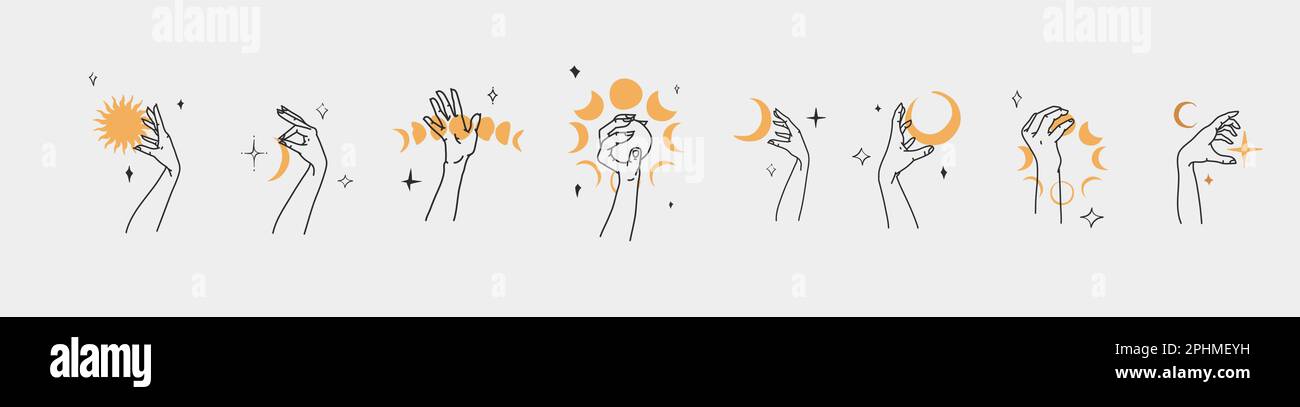 Dessin à la main vecteur résumé contour, graphique, jeu de ligne magie main humaine avec la lune et le logo d'étoile dans le style moderne minimaliste.Lune et le contour de signe d'étoile Illustration de Vecteur