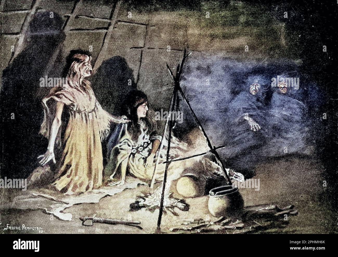 Assis dans le coin le plus éloigné, Crouching bas parmi les ombres du livre ' la chanson de Hiawatha ' par Henry Wadsworth Longfellow, 1807-1882 AVEC DES ILLUSTRATIONS DE DESSINS DE FRÉDÉRIC REMIGTONN. Frederic Sackrider Remington (4 octobre 1861 – 26 décembre 1909) était un peintre, illustrateur, sculpteur et écrivain américain spécialisé dans le genre d'art de l'Amérique de l'Ouest Ses œuvres sont connues pour représenter les États-Unis de l'Ouest au cours du dernier quart du siècle 19th et avec des images telles que les cow-boys, les Indiens américains, et la cavalerie américaine Banque D'Images