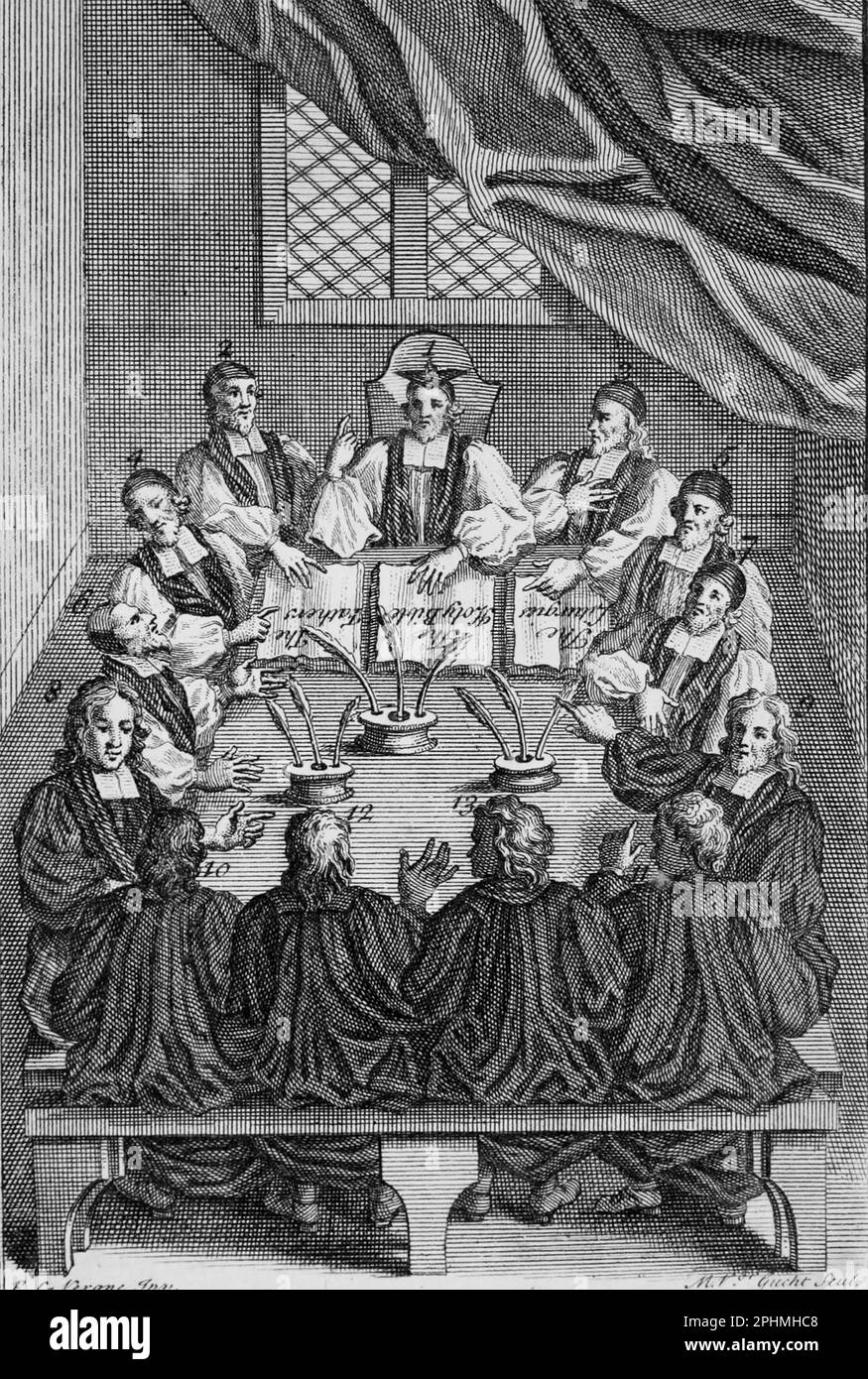 LIVRE ANGLAIS DE PRIÈRE COMMUNE 1549 . L'archevêque Thomas Cranmer est assis à la tête de la table avec un groupe de rédacteurs Banque D'Images