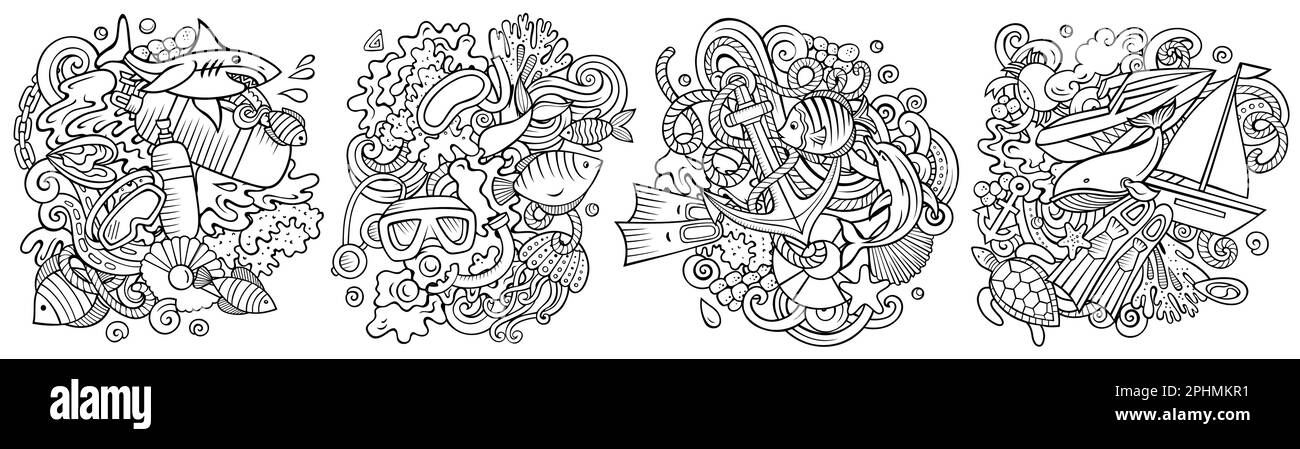 Ensemble de motifs de dessin animé de plongée. Line art compositions détaillées avec beaucoup d'objets et de symboles de plongée en apnée Illustration de Vecteur