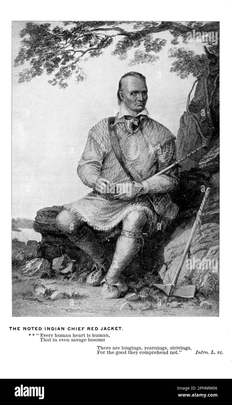 Le célèbre Indian Chief Red Jacket. Red Jacket (connu sous le nom d'Otetiani dans sa jeunesse et Sagoyewatha [Keeper Awake] sa-Go-ye-wa-tha comme adulte en raison de ses compétences oratoires) (c. 1750–20 janvier 1830) était un orateur Seneca et chef du clan des loups, basé dans l'ouest de New York. D'après le livre « The Song of Hiawatha » de Longfellow, Henry Wadsworth, 1807-1882 Date de publication 1898 Éditeur Chicago, S. C. Andrews Banque D'Images