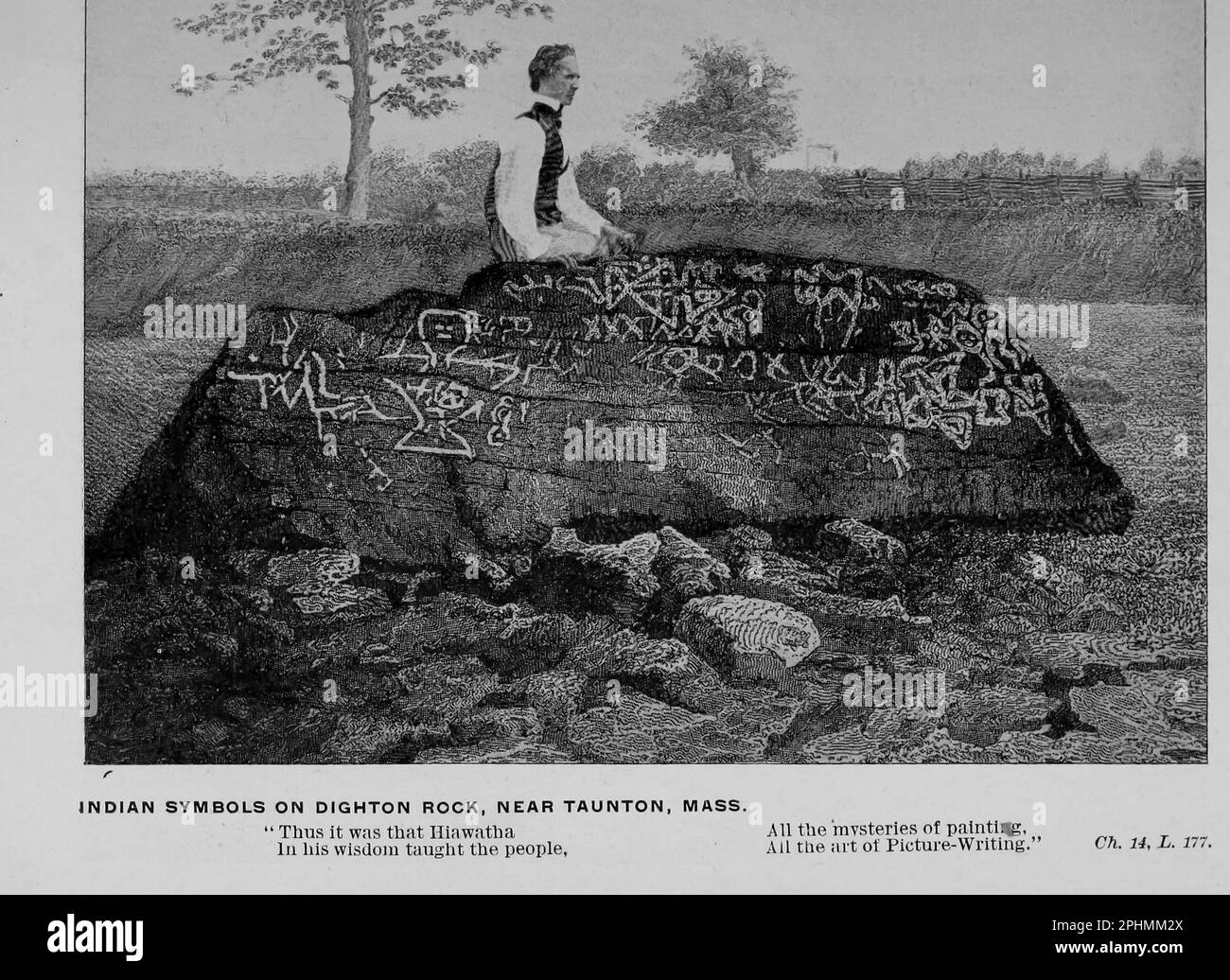 Indian Symbols on Dighton Rock, Near Taunton, Mass from the Book ' The Song of Hiawatha ' by Longfellow, Henry Wadsworth, 1807-1882 Date de publication 1898 Éditeur Chicago, S. C. Andrews Banque D'Images
