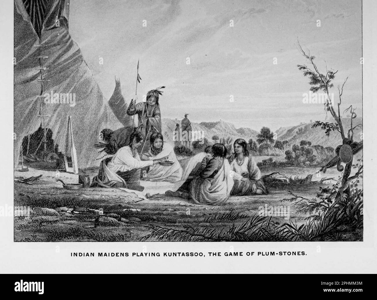 Indian Maidens jouant Kuntassoo le jeu de pierres de prune du livre ' The Song of Hiawatha ' de Longfellow, Henry Wadsworth, 1807-1882 Date de publication 1898 Éditeur Chicago, S. C. Andrews Banque D'Images
