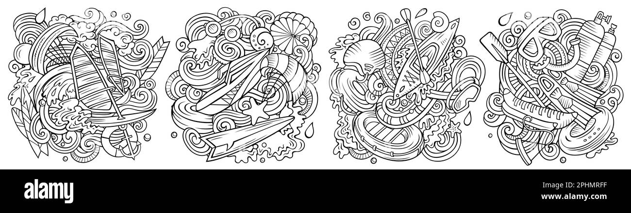 Ensemble de motifs d'escoolfles vectorisés de dessin animé pour sports nautiques. Line art compositions détaillées avec de nombreux objets et symboles de sports d'été. Illustration de Vecteur