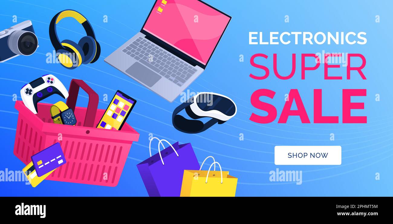 Bannière d'achat et de livraison de produits électroniques en ligne avec appareils et panier d'achat Illustration de Vecteur