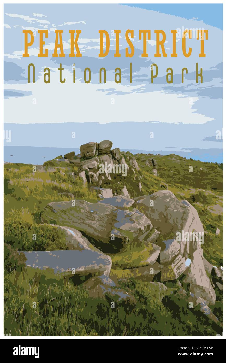 Poster rétro nostalgique du Peak District National Park, Angleterre, Royaume-Uni dans le style de Work Projects Administration. Illustration de Vecteur