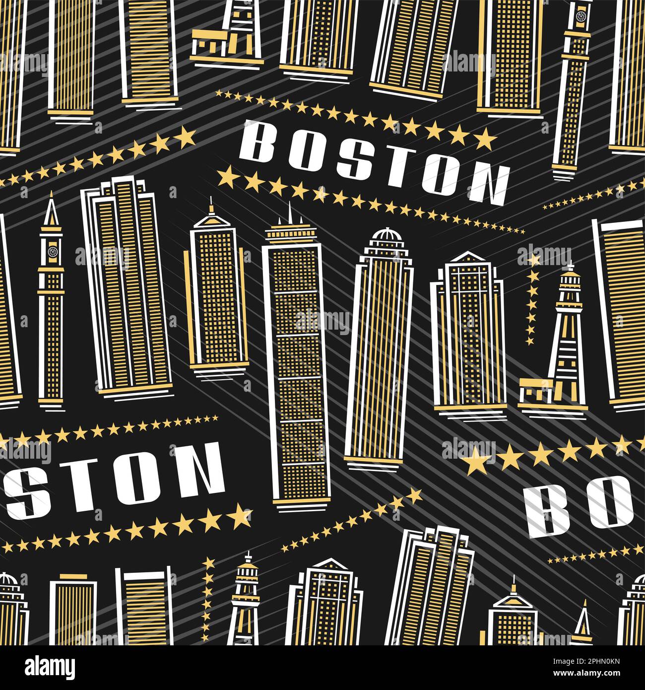 Vector Boston Seamless Pattern, fond carré répétitif avec illustration du célèbre paysage de boston sur fond sombre pour l'emballage du papier, décor Illustration de Vecteur