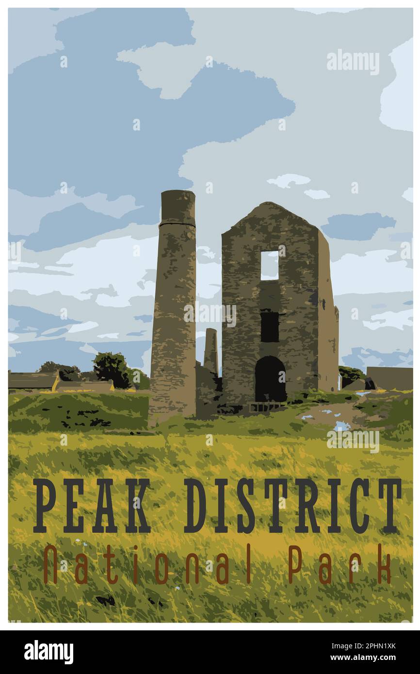 Poster rétro nostalgique du Peak District National Park, Angleterre, Royaume-Uni dans le style de Work Projects Administration. Illustration de Vecteur