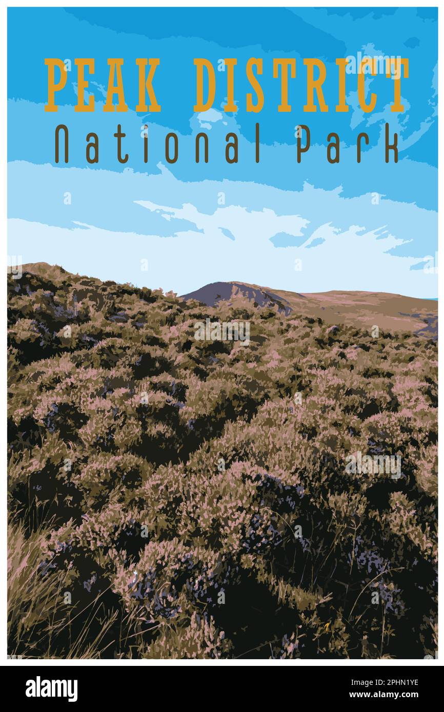 Poster rétro nostalgique du Peak District National Park, Angleterre, Royaume-Uni dans le style de Work Projects Administration. Illustration de Vecteur