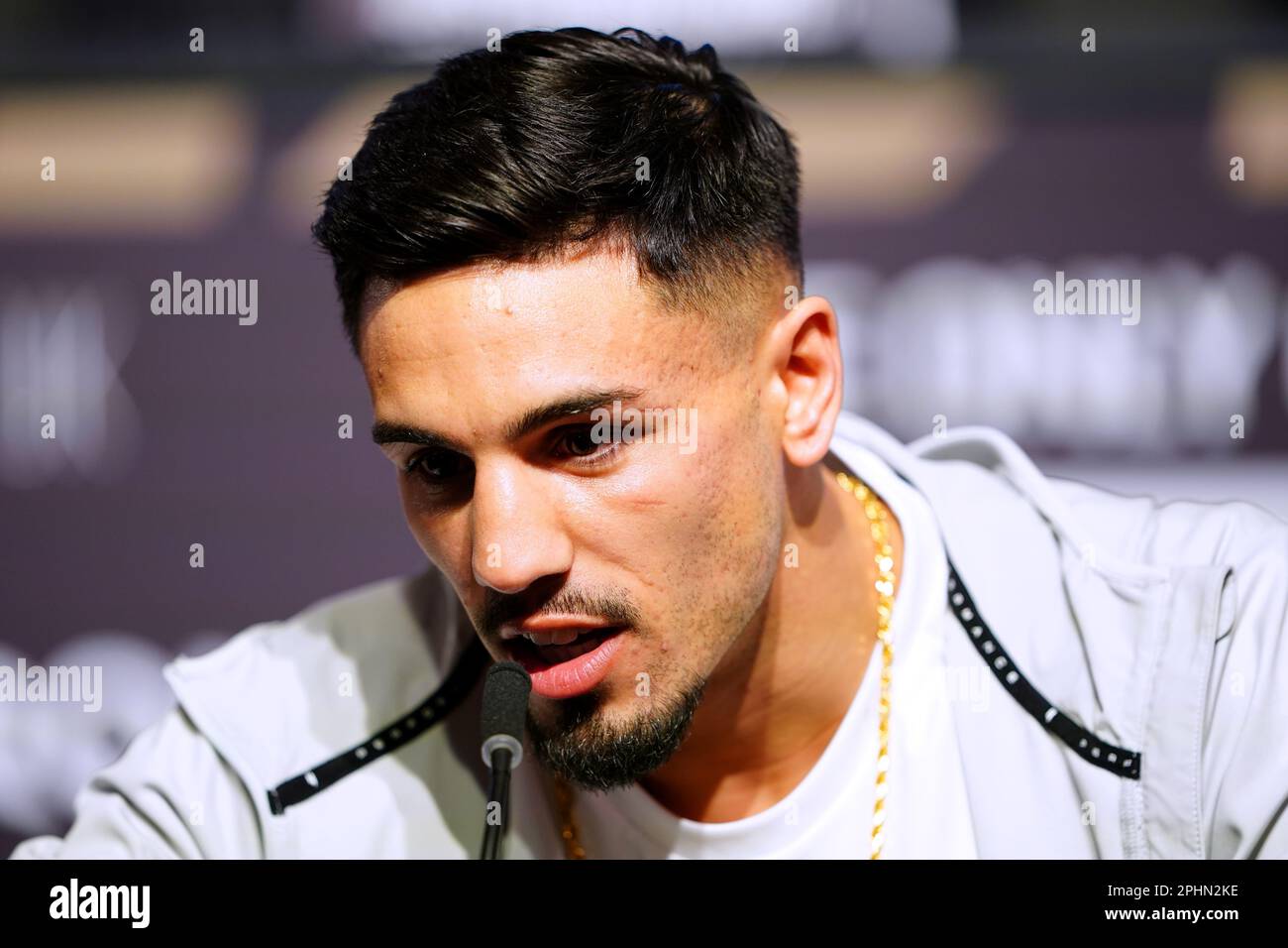 Jordan Flynn lors d'une conférence de presse au Nobu Hotel London Portman Square, Londres. Date de la photo: Mercredi 29 mars 2023. Banque D'Images