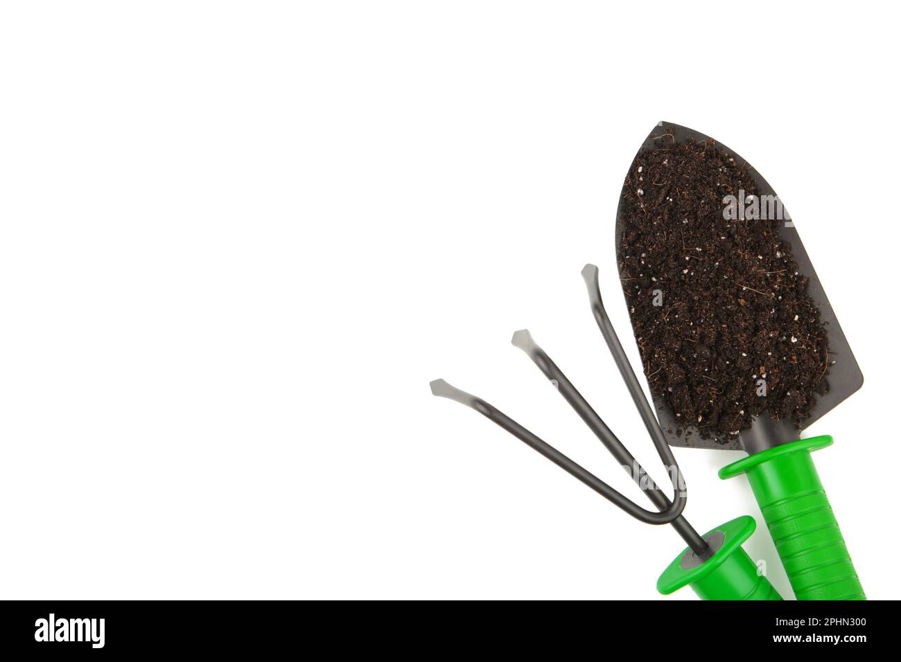 Ensemble d'ustensiles d'entretien des plantes isolés sur fond blanc, vue de dessus Banque D'Images