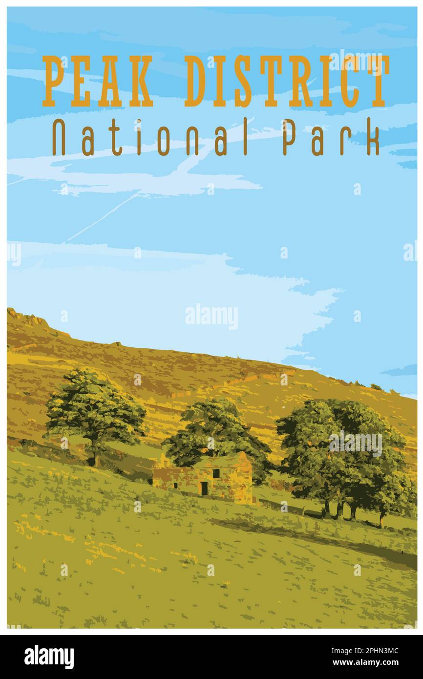 Poster rétro nostalgique du Peak District National Park, Angleterre, Royaume-Uni dans le style de Work Projects Administration. Illustration de Vecteur