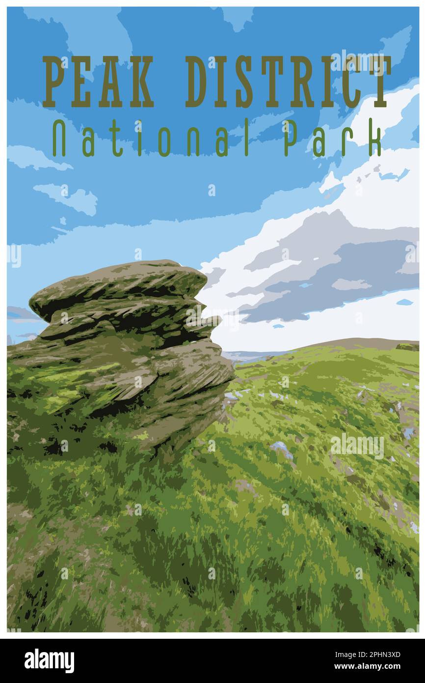 Poster rétro nostalgique du Peak District National Park, Angleterre, Royaume-Uni dans le style de Work Projects Administration. Illustration de Vecteur