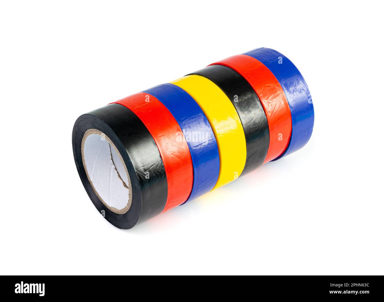 Ruban électrique coloré isolé, rouleaux de ruban de conduit en plastique, rubans adhésifs de couleur sur fond blanc Banque D'Images