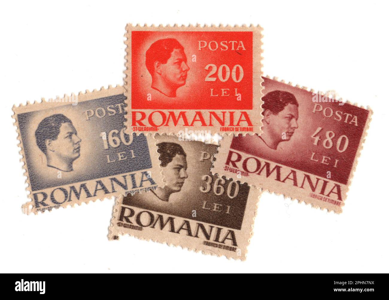 Timbres-poste à la menthe vintage de Roumanie isolés sur fond blanc. Banque D'Images