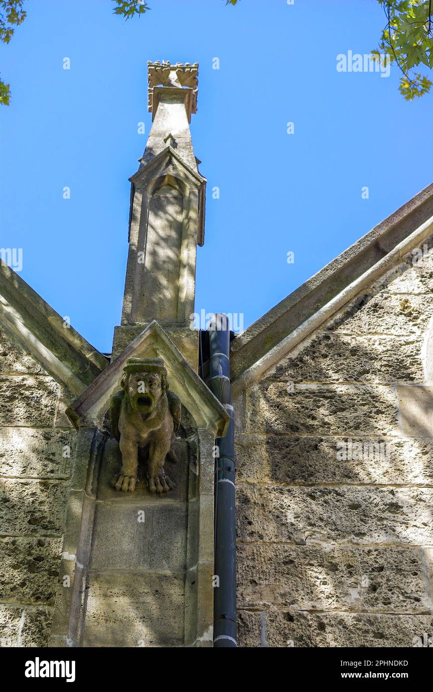 Éléments architecturaux gothiques d'une église, gargouille, pinacle et finale, Collégiale à Dettingen an der Erms, Bade-Wurtemberg, Allemagne. Banque D'Images